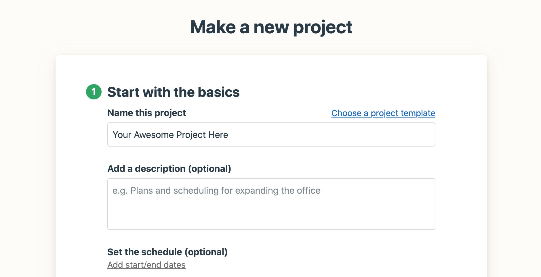 Image of creating a project on Basecamp
