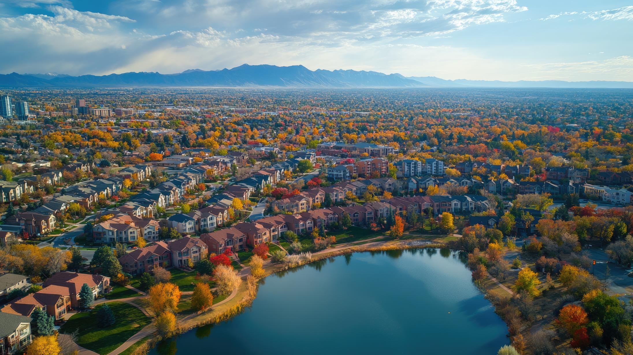 Aerial view of urban development rocky mountain range in Lakewood