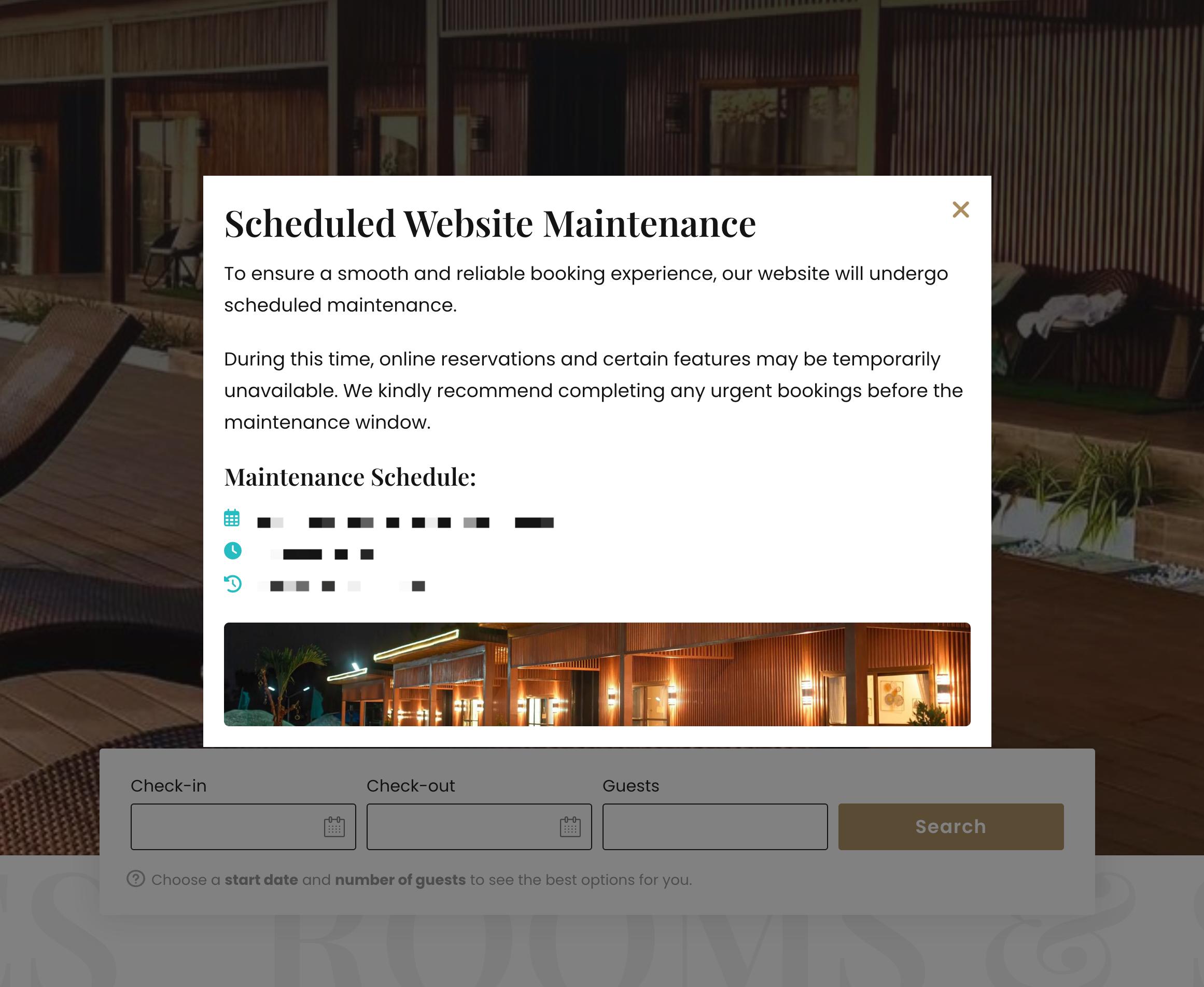Image of Seascape GQ Resort & Hotel website when popup notice for incoming site care and maintenance has been activated