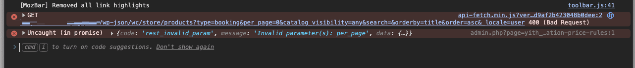 Console error YITH Booking "Exclude Products" bug