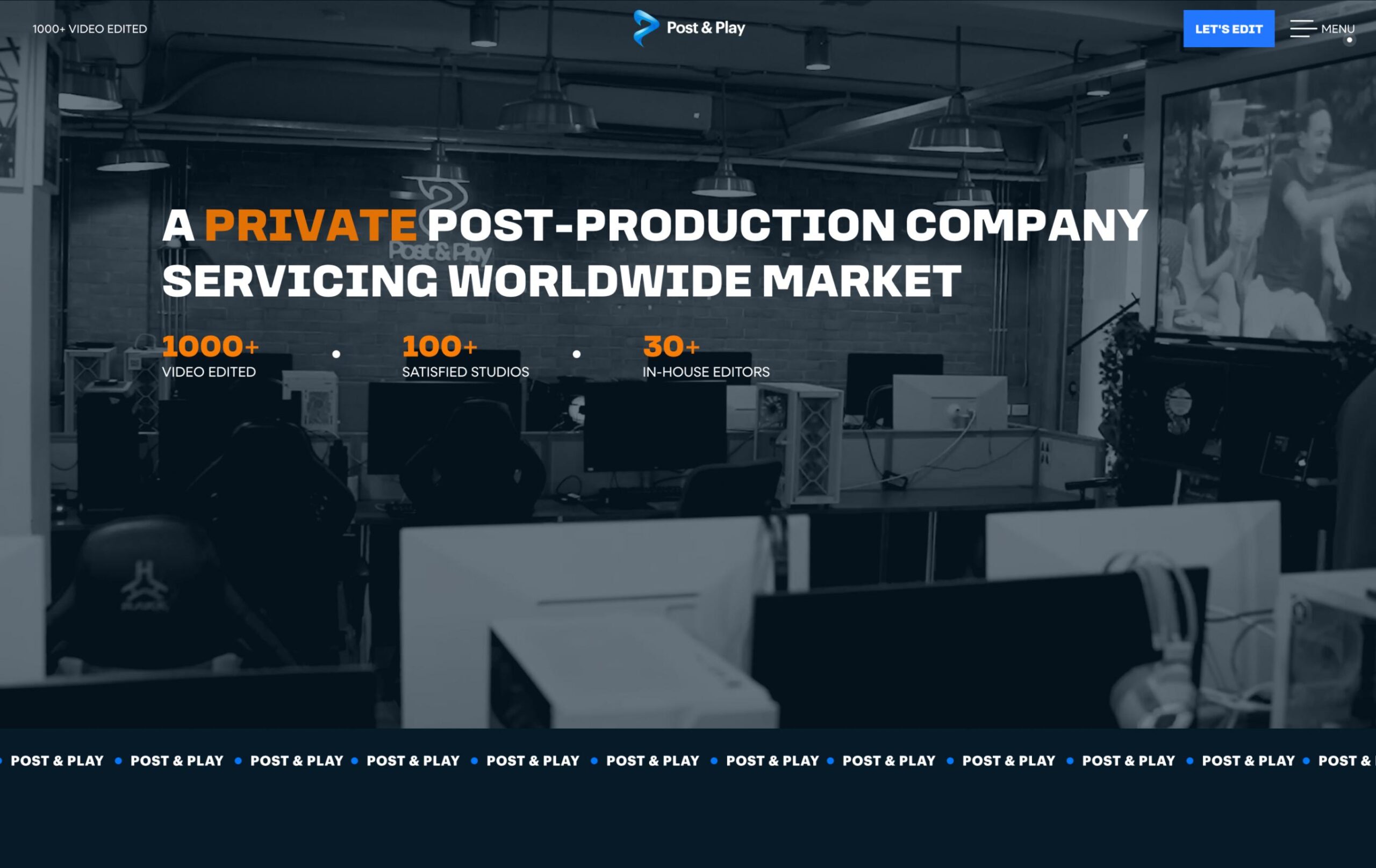 Hero section of Post & Play - Video Production website