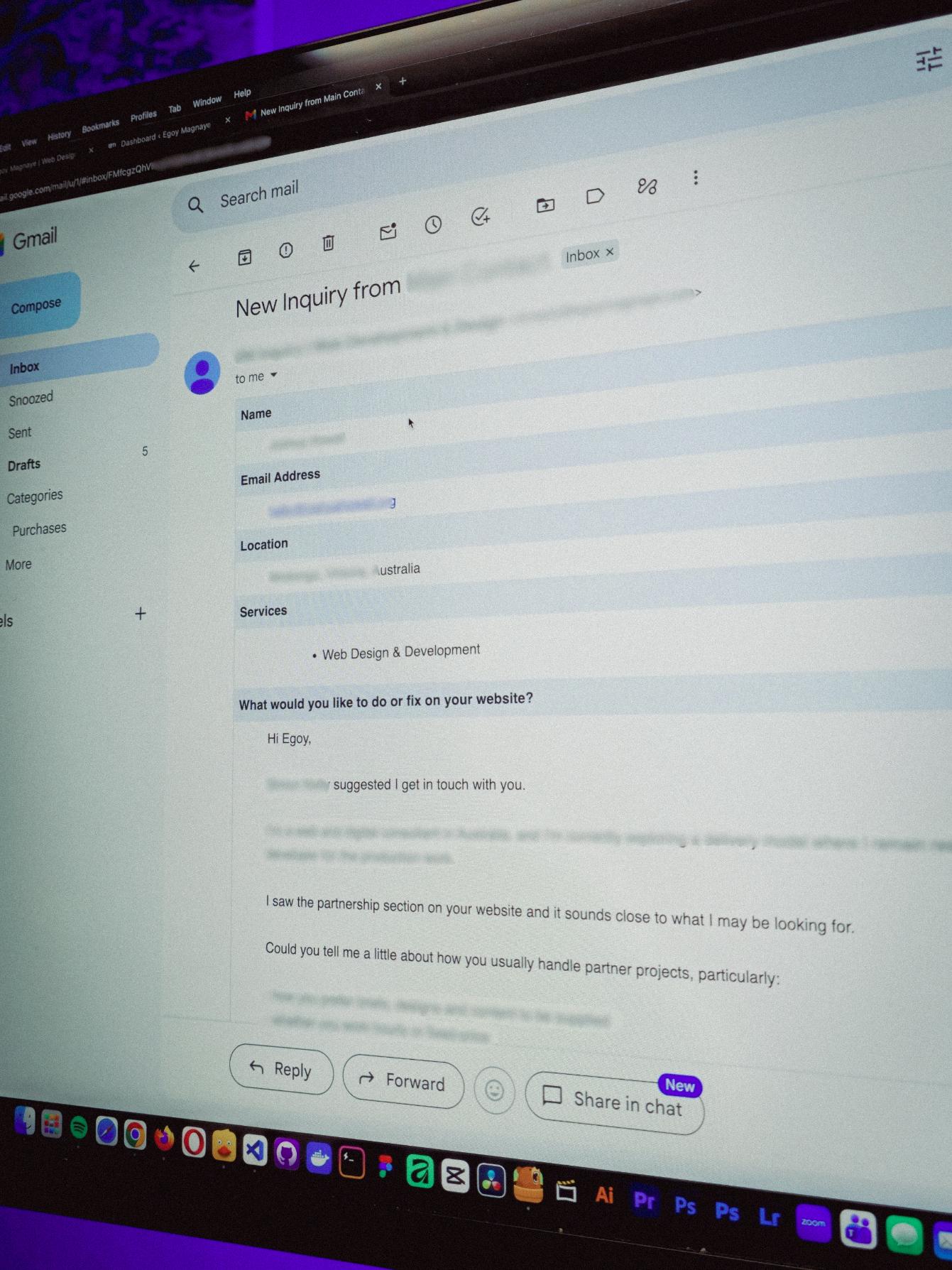 Image of my recent web design & development inquiry from Australia