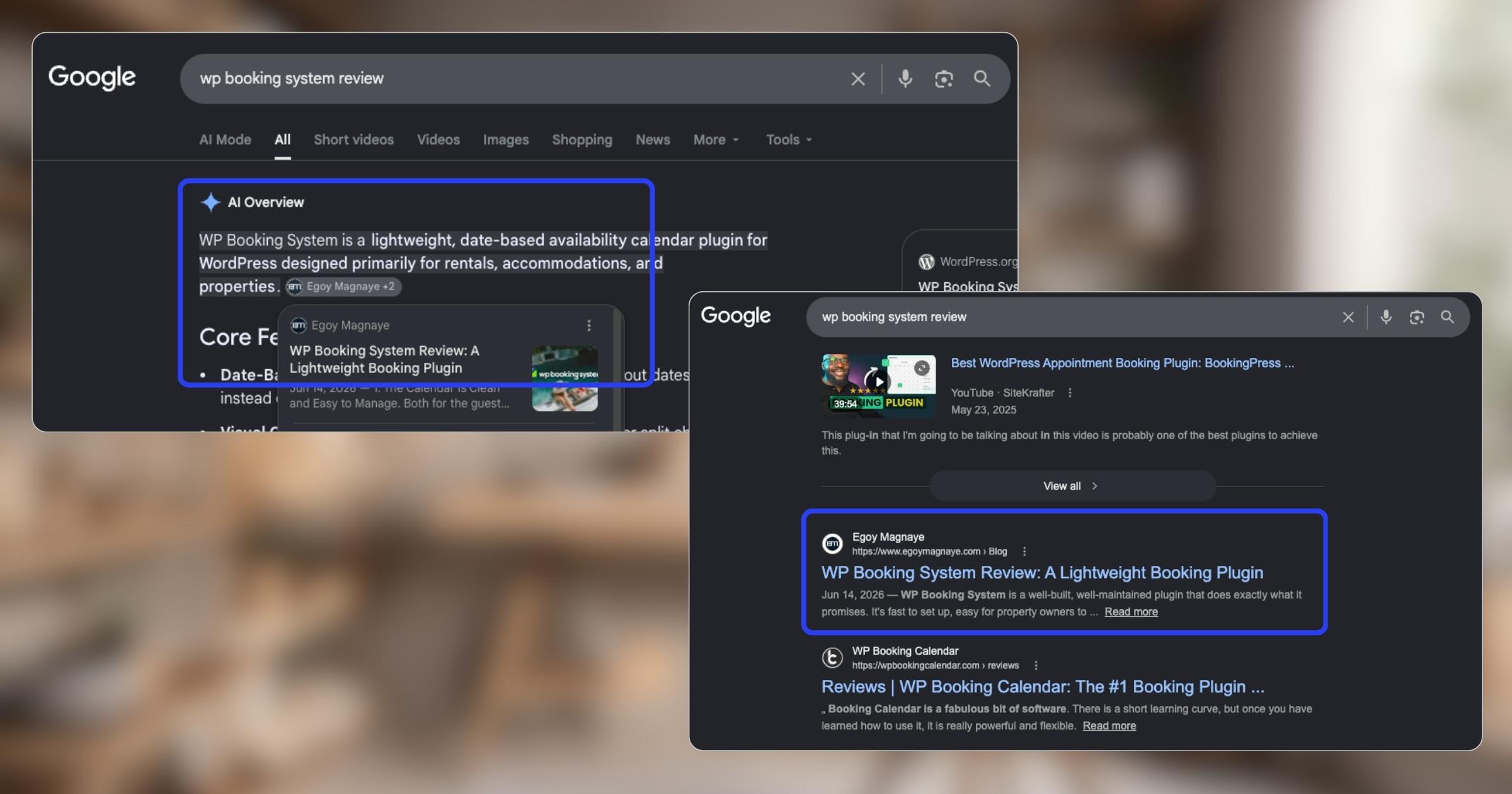 Screenshot images of my WP Booking System review blog, getting cited and ranked as well.