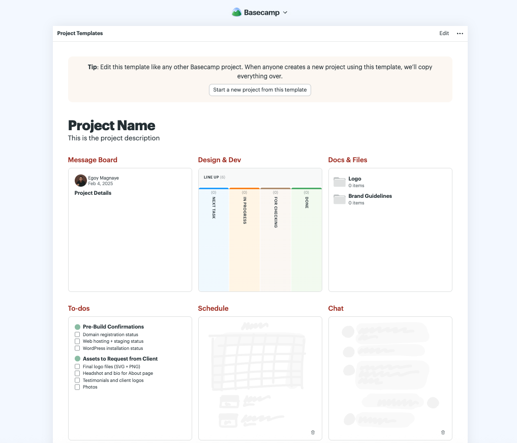My reusable Basecamp template for web design client onboarding projects.