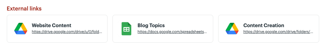 External links added to one of my web design client onboarding boards in Basecamp.