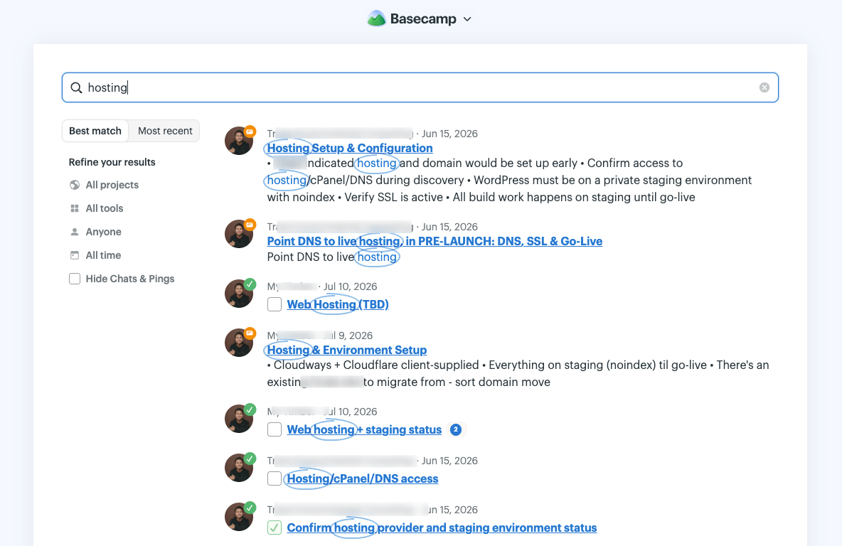 Basecamp 5 improved search and filtering, useful for finding files during web design client onboarding.