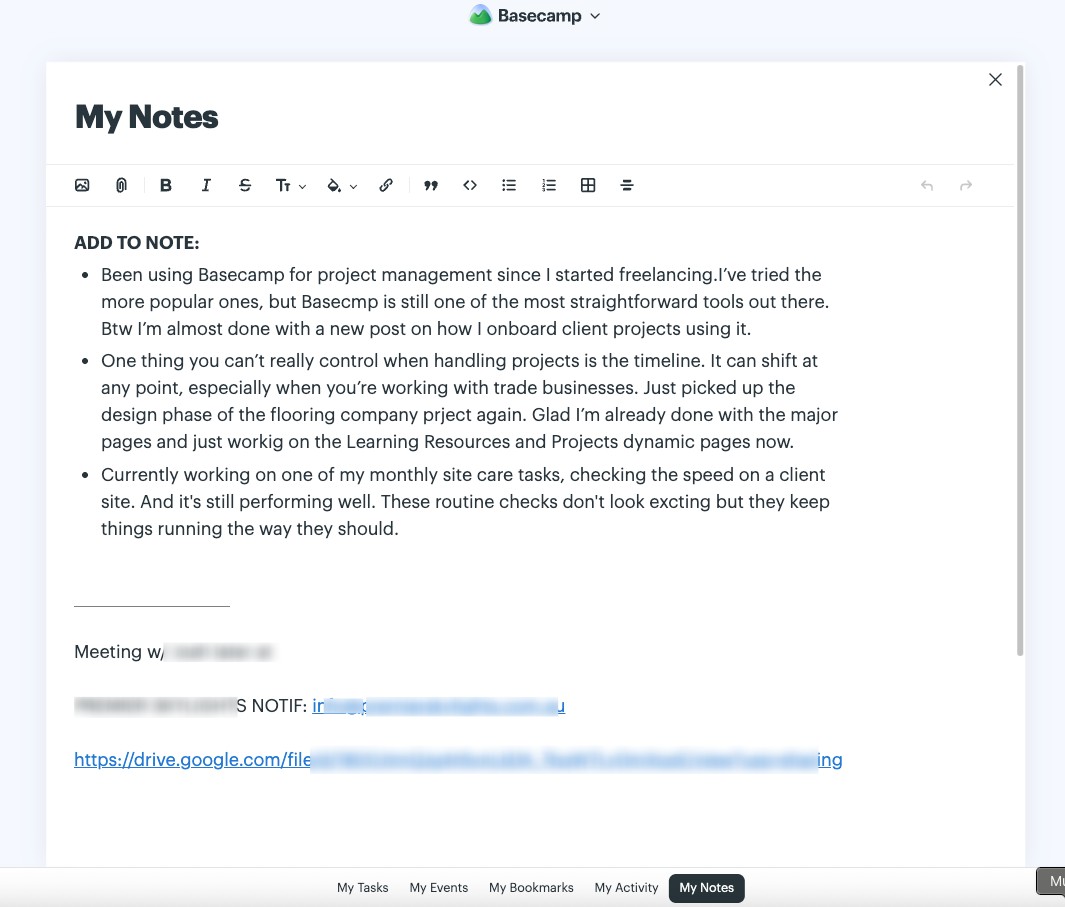 The new My Notes feature in Basecamp, part of my web design client onboarding workflow.