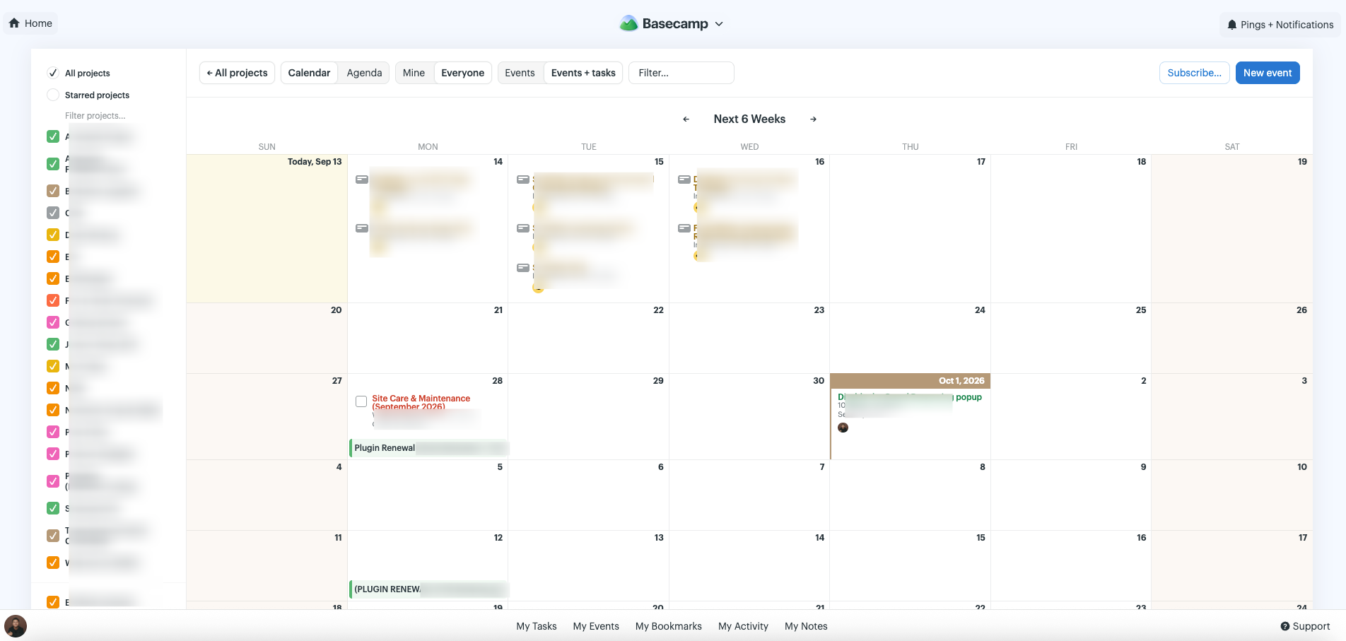 My Basecamp calendar showing my schedules and deadlines. Very useful for managing my web design client onboarding.